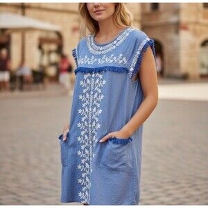 Tularosa Revolve Chambray Embroidered Shift Dress Sz XS